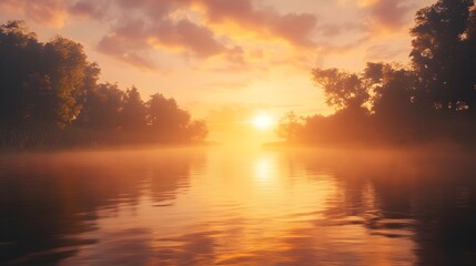 Fototapeta premium Hazy Golden Sunset Reflecting on Serene River in Misty Forest Landscape