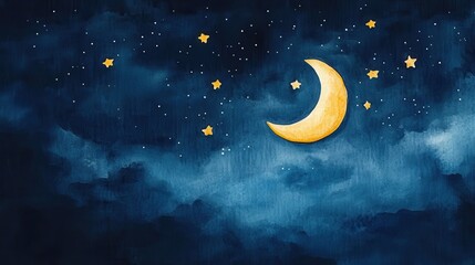 Naklejka premium A serene night sky featuring crescent moon and twinkling stars, evoking sense of calm and wonder.