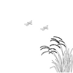 稲穂が揺れてトンボが飛ぶ線画イラスト © MariMizuta