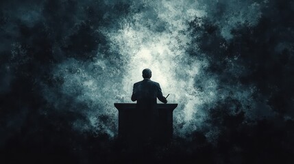 Fototapeta premium A figure stands at podium, silhouetted against dramatic, smoky backdrop, evoking sense of authority and mystery.