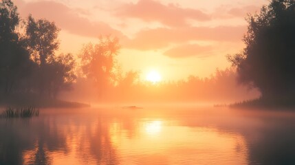 Fototapeta premium Hazy Sunset Reflecting on Tranquil River Amid Lush Forestscape