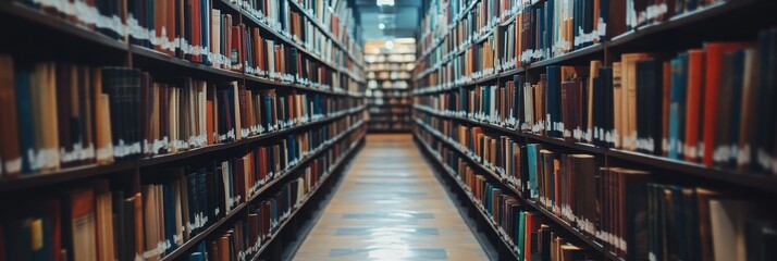 Fototapeta premium A long corridor lined with filled bookshelves in a library. The shelves are filled with books of various colors and sizes, suggesting a vast collection of knowledge and stories waiting to be discovere