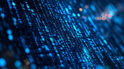 Blue digital binary data on computer screen background