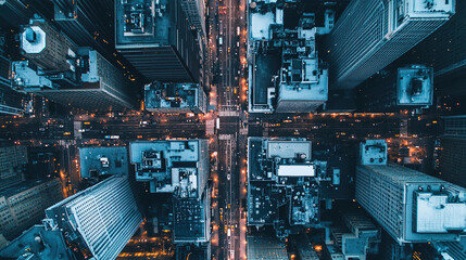 Fototapeta premium Aerial view of a bustling financial district filled with towering office buildings, banks, and busy streets, symbolizing economic activity, business growth, and the pulse of the corporate world.