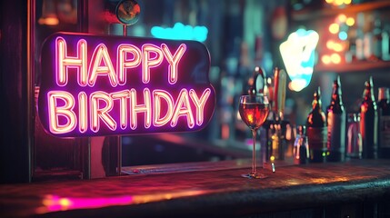 Retro neon "HAPPY BIRTHDAY" sign glowing in an old bar, vibrant colors and a softly blurred background.