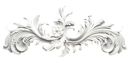 3D illustration of white decorative relief beautiful detailed ornament with acanthus leaves decoration in baroque style isolated on transparent background