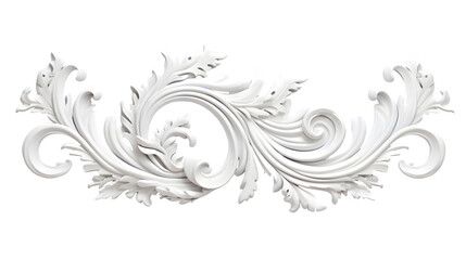 3D illustration of white decorative relief beautiful detailed ornament with acanthus leaves decoration in baroque style isolated on transparent background