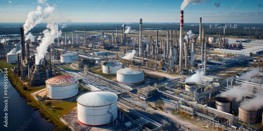 Poster aerial view of a large industrial complex with smoke stacks and storage tanks