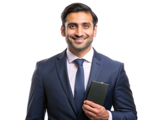 A man in a dark blue suit and a white shirt, with a dark blue tie, smiles at the camera while holding a black passport