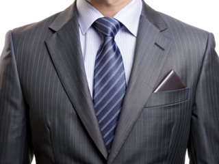 A man in a gray pinstripe suit jacket with a blue striped tie and a white shirt