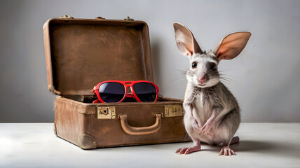 A Bilbie sitting on top of a vintage suitcase, isolated on a light background, Australian Wildlife, concept of travel and leisure