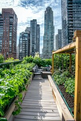 Fototapeta premium Rooftop farm with a small outdoor seating area and lush greenery. High-rise buildings in the background, Generative AI
