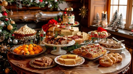 Fototapeta premium Traditional Russian Christmas Feast with Festive Decorations and Holiday Foods
