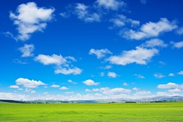 Fototapeta premium Serene Green Field Under a Blue Sky with White Clouds and Distant Mountains