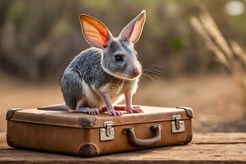 A Bilbie sitting on top of a vintage suitcase, Australian Wildlife, the concept of travel and leisure
