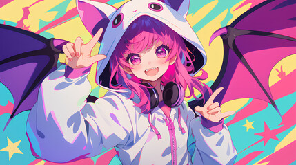 cute bat character wearing anime onesie costume, anime style, cute kawaii, simple, smiling happy. neon psychedelic background