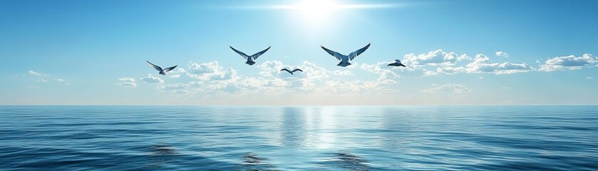 Birds above the ocean, their reflections visible on the water's surface, symbolizing freedom and adventure