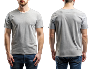 A man in a grey loose t-shirt with short sleeves, hands in pockets, poses against a white background. Shirt is blank, visible from all angles