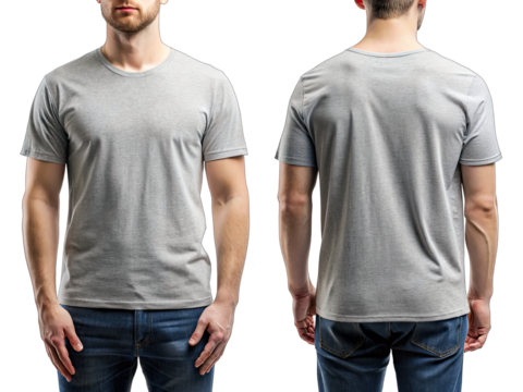 A man in a grey loose t-shirt with short sleeves, hands in pockets, poses against a white background. Shirt is blank, visible from all angles