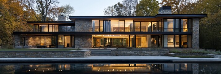 Obraz premium A modern house with a stone and glass exterior, featuring large windows, a flat roof, and a swimming pool. The house is set in a wooded area and is illuminated by warm lights, creating a sense of luxu