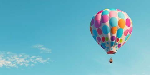 Obraz premium Colorful Polka Dot Hot Air Balloon Soaring in Blue Sky