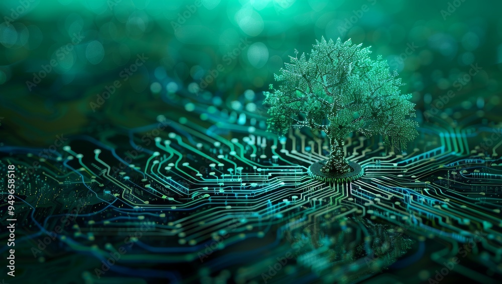 Poster a digital tree growing from a circuit board
