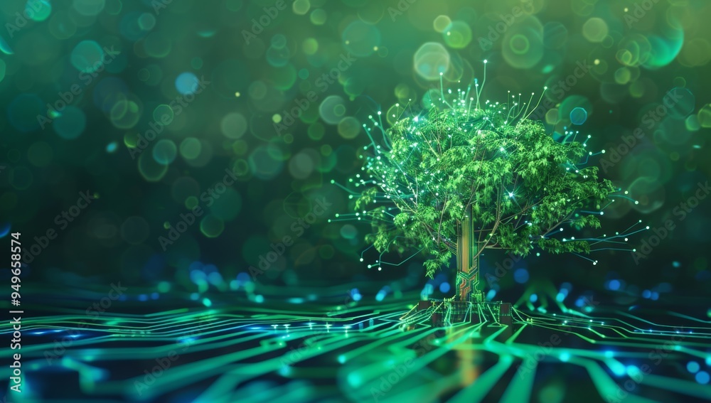 Aufkleber green tree growing from circuit board with glowing lines