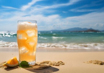 Obraz premium This image captures a refreshing iced drink in a glass, garnished with a lemon slice and a straw, set against the backdrop of a sunny beach with gentle waves and a clear blue sky, evoking a sense of t