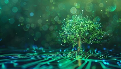 Green Tree Growing from Circuit Board with Glowing Lines