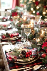 Elegant Christmas Dinner Table Setting with Festive Centerpiece and Holiday Decorations