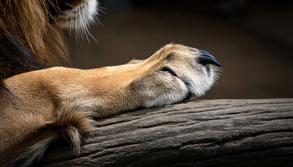 A close-up of a lion’s paw with its sharp claws extended, emphasizing the power and danger 