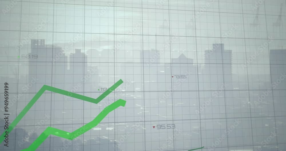 Poster rising green line graph animation over cityscape background with grid lines