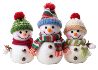 Three snowmen, each wearing a different knitted hat and scarf, are standing in a row. They all have smiling faces