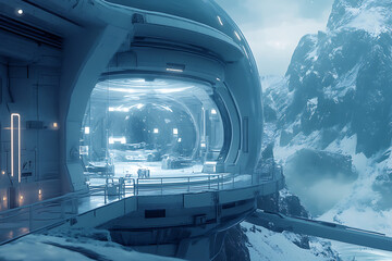 A futuristic habitat in a snowy mountainous landscape, showcasing advanced architecture.