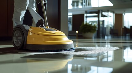 A professional cleaner uses a high-quality floor scrubber to clean a sparkling commercial floor. This image symbolizes efficiency, cleanliness, professionalism, hygiene, and modern floor maintenance.