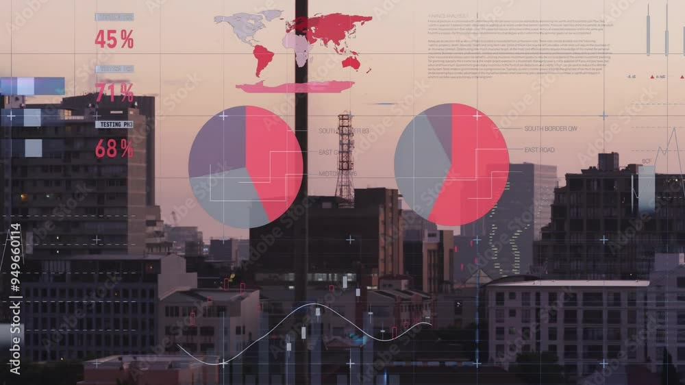 Poster financial data visualization animation over cityscape with charts and graphs