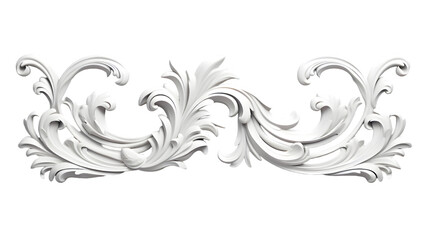 3D illustration of white decorative relief beautiful detailed ornament with acanthus leaves decoration in baroque style isolated on transparent background