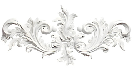 3D illustration of white decorative relief beautiful detailed ornament with acanthus leaves decoration in baroque style isolated on transparent background