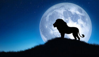 A lion silhouetted against a full moon, standing on a hilltop