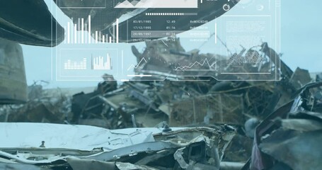 Data analysis animation over wrecked vehicles in junkyard - Powered by Adobe