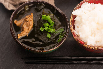 Close-up of Korean Seaweed Soup Miyeok Guk in a serving bowl