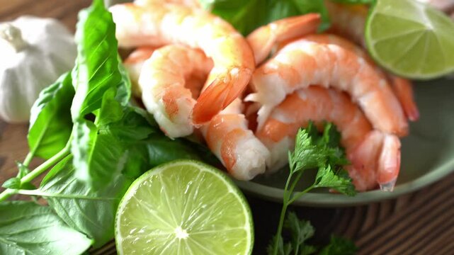 Shrimp with citrus, wooden background