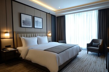 Luxurious modern hotel room interior featuring a large, comfortable bed, elegant lighting, contemporary artwork, and a seating area by a large window, creating a tranquil and stylish atmosphere