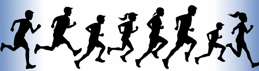 Obraz premium Silhouette of diverse runners showcasing different ages and genders in motion.