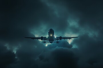 Fototapeta premium Airplane Silhouette in a Dramatic, Cloudy Sky