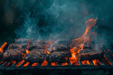 Close-up of Juicy Steaks Grilling Over Fiery Coals