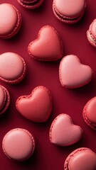 Obraz premium French sweet Strawberry Pink heart macaroons isolated on red background. Pastry shop card with copy spacefrench macaroons,Paris Pastry,bakery and branding valentine couple concept,copy space.