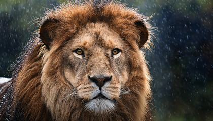 Obraz premium A male lion standing in the rain, droplets glistening on its mane