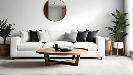 Round wood coffee table against white sofa. Scandinavian home interior design of modern living room. ai