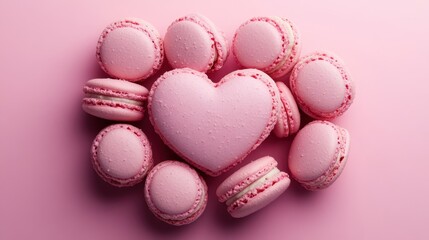 Obraz premium French sweet Strawberry Pink heart macaroons isolated on pink background. Pastry shop card with copy spacefrench macaroons,Paris Pastry,bakery and branding valentine couple concept,copy space.